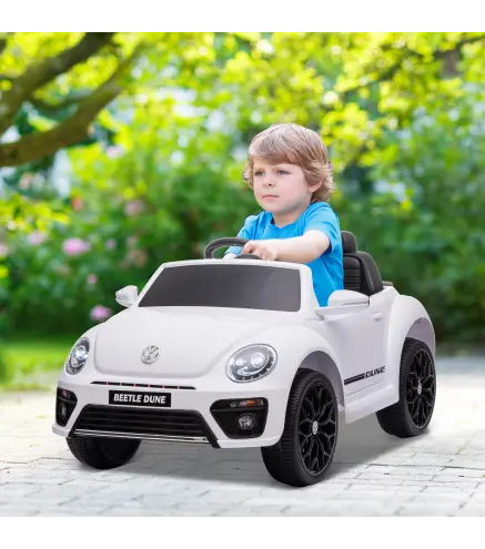Coche eléctrico para niños VW Coccinelle, 3-5 km/h, con control remoto y música, Blanco