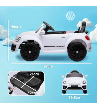 Coche eléctrico para niños VW Coccinelle, 3-5 km/h, con control remoto y música, Blanco