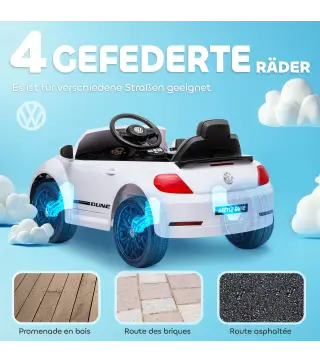Coche eléctrico para niños VW Coccinelle, 3-5 km/h, con control remoto y música, Blanco