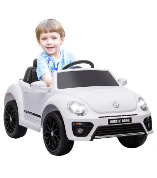 Coche eléctrico para niños VW Coccinelle, 3-5 km/h, con control remoto y música, Blanco