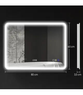 Espejo de Baño con Luz LED 80x60 cm con Bluetooth 3 Colores de Luz Función Antivaho Función de Memoria IP44