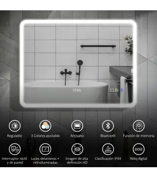 Espejo de Baño con Luz LED 80x60 cm con Bluetooth 3 Colores de Luz Función Antivaho Función de Memoria IP44
