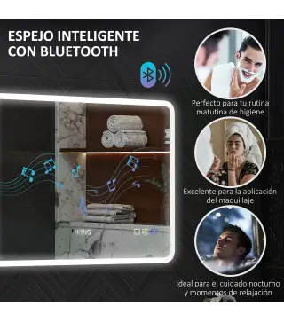 Espejo de Baño con Luz LED 80x60 cm con Bluetooth 3 Colores de Luz Función Antivaho Función de Memoria IP44