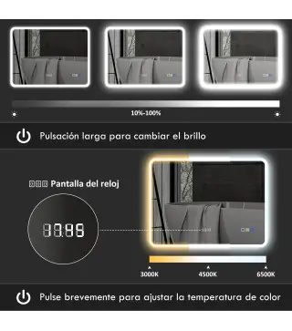 Espejo de Baño con Luz LED 80x60 cm con Bluetooth 3 Colores de Luz Función Antivaho Función de Memoria IP44