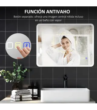 Espejo de Baño con Luz LED 80x60 cm con Bluetooth 3 Colores de Luz Función Antivaho Función de Memoria IP44