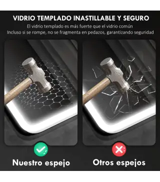 Espejo de Baño con Luz LED 80x60 cm con Bluetooth 3 Colores de Luz Función Antivaho Función de Memoria IP44