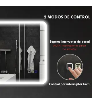 Espejo de Baño con Luz LED 80x60 cm con Bluetooth 3 Colores de Luz Función Antivaho Función de Memoria IP44