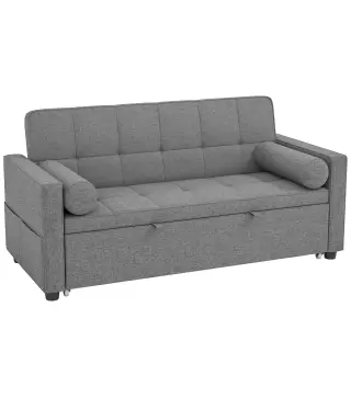 Sofá Cama 2 Plazas 3 en 1 Deslizantede Tejido Lino con Respaldo Ajustable Bolsillos 2 Cojines para Sala de Estar Gris