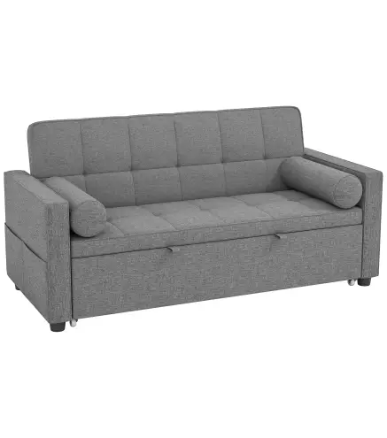 Sofá Cama 2 Plazas 3 en 1 Deslizantede Tejido Lino con Respaldo Ajustable Bolsillos 2 Cojines para Sala de Estar Gris