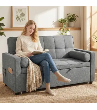 Sofá Cama 2 Plazas 3 en 1 Deslizantede Tejido Lino con Respaldo Ajustable Bolsillos 2 Cojines para Sala de Estar Gris