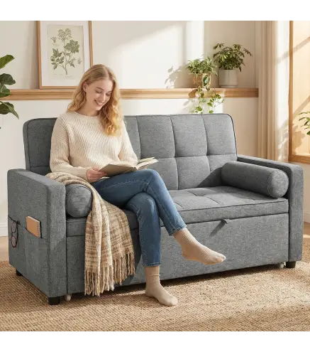 Sofá Cama 2 Plazas 3 en 1 Deslizantede Tejido Lino con Respaldo Ajustable Bolsillos 2 Cojines para Sala de Estar Gris