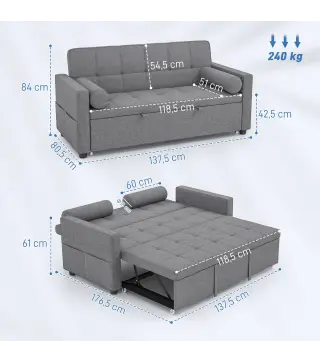 Sofá Cama 2 Plazas 3 en 1 Deslizantede Tejido Lino con Respaldo Ajustable Bolsillos 2 Cojines para Sala de Estar Gris