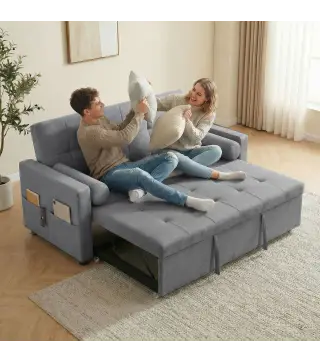 Sofá Cama 2 Plazas 3 en 1 Deslizantede Tejido Lino con Respaldo Ajustable Bolsillos 2 Cojines para Sala de Estar Gris