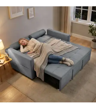 Sofá Cama 2 Plazas 3 en 1 Deslizantede Tejido Lino con Respaldo Ajustable Bolsillos 2 Cojines para Sala de Estar Gris