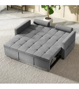 Sofá Cama 2 Plazas 3 en 1 Deslizantede Tejido Lino con Respaldo Ajustable Bolsillos 2 Cojines para Sala de Estar Gris
