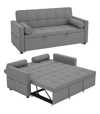 Sofá Cama 2 Plazas 3 en 1 Deslizantede Tejido Lino con Respaldo Ajustable Bolsillos 2 Cojines para Sala de Estar Gris