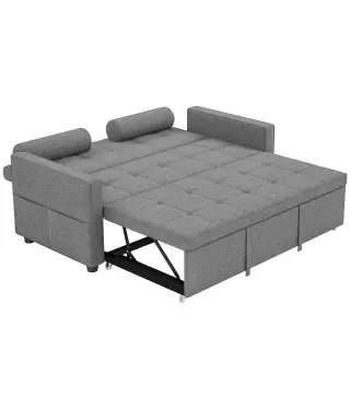 Sofá Cama 2 Plazas 3 en 1 Deslizantede Tejido Lino con Respaldo Ajustable Bolsillos 2 Cojines para Sala de Estar Gris