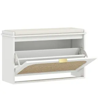 Banco Zapatero Boho con Asiento Acolchado Puerta de Ratán Cajón Abatible Estante Ajustable 8 Pares 80x26x47,5 cm Blanco