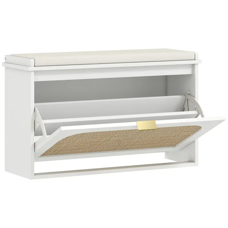 Banco Zapatero Boho con Asiento Acolchado Puerta de Ratán Cajón Abatible Estante Ajustable 8 Pares 80x26x47,5 cm Blanco Banco Zapatero Boho con Asiento Acolchado Puerta de Ratán Cajón Abatible Estante Ajustable 8 Pares 80x26x47,5 cm Blanco