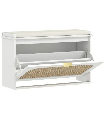 Banco Zapatero Boho con Asiento Acolchado Puerta de Ratán Cajón Abatible Estante Ajustable 8 Pares 80x26x47,5 cm Blanco