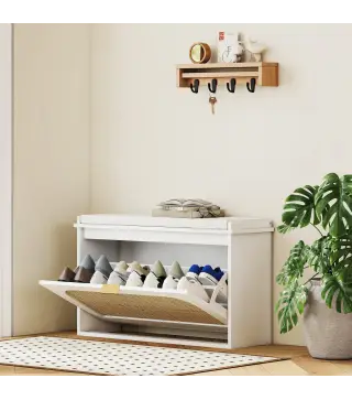 Banco Zapatero Boho con Asiento Acolchado Puerta de Ratán Cajón Abatible Estante Ajustable 8 Pares 80x26x47,5 cm Blanco