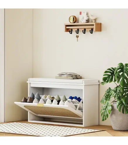 Banco Zapatero Boho con Asiento Acolchado Puerta de Ratán Cajón Abatible Estante Ajustable 8 Pares 80x26x47,5 cm Blanco