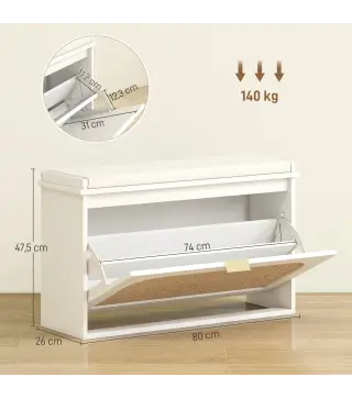 Banco Zapatero Boho con Asiento Acolchado Puerta de Ratán Cajón Abatible Estante Ajustable 8 Pares 80x26x47,5 cm Blanco