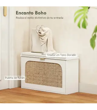 Banco Zapatero Boho con Asiento Acolchado Puerta de Ratán Cajón Abatible Estante Ajustable 8 Pares 80x26x47,5 cm Blanco
