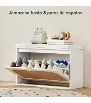 Banco Zapatero Boho con Asiento Acolchado Puerta de Ratán Cajón Abatible Estante Ajustable 8 Pares 80x26x47,5 cm Blanco