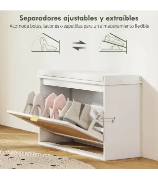 Banco Zapatero Boho con Asiento Acolchado Puerta de Ratán Cajón Abatible Estante Ajustable 8 Pares 80x26x47,5 cm Blanco