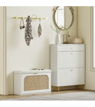 Banco Zapatero Boho con Asiento Acolchado Puerta de Ratán Cajón Abatible Estante Ajustable 8 Pares 80x26x47,5 cm Blanco