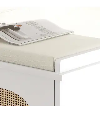 Banco Zapatero Boho con Asiento Acolchado Puerta de Ratán Cajón Abatible Estante Ajustable 8 Pares 80x26x47,5 cm Blanco