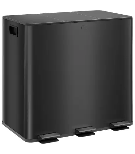 Papelera Cocina de Acero Inoxidable con 3 Compartimentos 3x15L con Pedales Tapas de Cierre Suave y Cubo Extraíble Negro