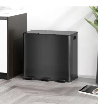 Papelera Cocina de Acero Inoxidable con 3 Compartimentos 3x15L con Pedales Tapas de Cierre Suave y Cubo Extraíble Negro