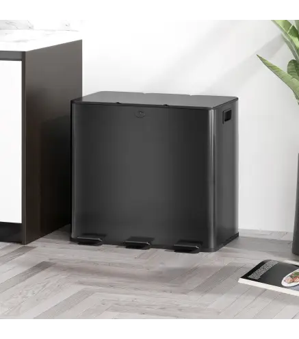 Papelera Cocina de Acero Inoxidable con 3 Compartimentos 3x15L con Pedales Tapas de Cierre Suave y Cubo Extraíble Negro
