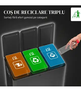 Papelera Cocina de Acero Inoxidable con 3 Compartimentos 3x15L con Pedales Tapas de Cierre Suave y Cubo Extraíble Negro