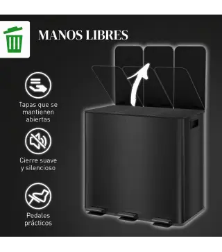 Papelera Cocina de Acero Inoxidable con 3 Compartimentos 3x15L con Pedales Tapas de Cierre Suave y Cubo Extraíble Negro