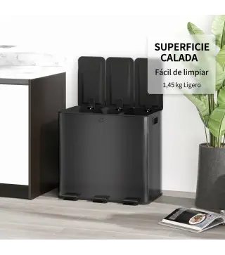 Papelera Cocina de Acero Inoxidable con 3 Compartimentos 3x15L con Pedales Tapas de Cierre Suave y Cubo Extraíble Negro