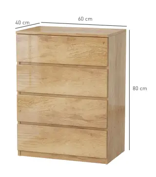Cómoda 4 Cajones para Dormitorio Moderna Diseño sin Tiradores para Comedor Entrada 60x40x80 cm Madera Natural