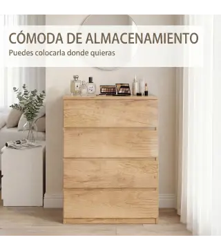 Cómoda 4 Cajones para Dormitorio Moderna Diseño sin Tiradores para Comedor Entrada 60x40x80 cm Madera Natural
