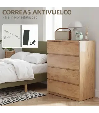 Cómoda 4 Cajones para Dormitorio Moderna Diseño sin Tiradores para Comedor Entrada 60x40x80 cm Madera Natural