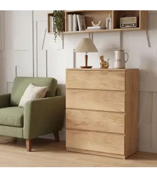 Cómoda 4 Cajones para Dormitorio Moderna Diseño sin Tiradores para Comedor Entrada 60x40x80 cm Madera Natural