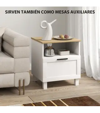 Juego de 2 Mesitas de Noche Mesillas de Noche con Cajón Compartimento Abierto Patas de Madera 45x38x50 cm Blanco