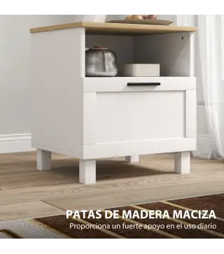 Juego de 2 Mesitas de Noche Mesillas de Noche con Cajón Compartimento Abierto Patas de Madera 45x38x50 cm Blanco