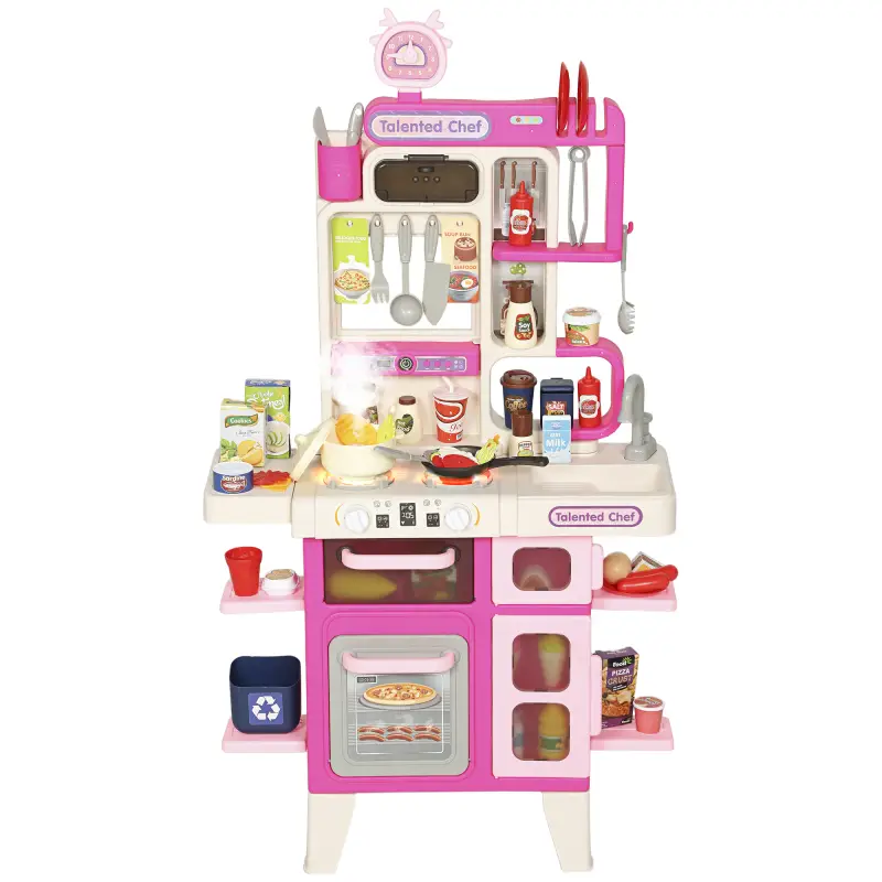 Cocina de Juguete con Luces Sonido Accesorios Fregadero Utensilios Alimentos Falsos para Niños a Partir de 3 Años Rosa