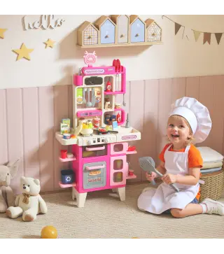 Cocina de Juguete con Luces Sonido Accesorios Fregadero Utensilios Alimentos Falsos para Niños a Partir de 3 Años Rosa
