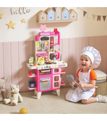 Cocina de Juguete con Luces Sonido Accesorios Fregadero Utensilios Alimentos Falsos para Niños a Partir de 3 Años Rosa