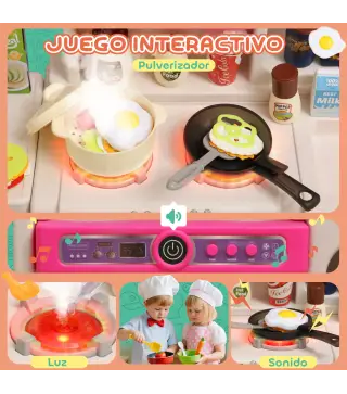 Cocina de Juguete con Luces Sonido Accesorios Fregadero Utensilios Alimentos Falsos para Niños a Partir de 3 Años Rosa