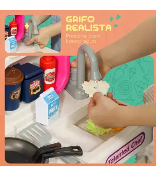 Cocina de Juguete con Luces Sonido Accesorios Fregadero Utensilios Alimentos Falsos para Niños a Partir de 3 Años Rosa