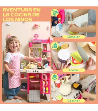 Cocina de Juguete con Luces Sonido Accesorios Fregadero Utensilios Alimentos Falsos para Niños a Partir de 3 Años Rosa